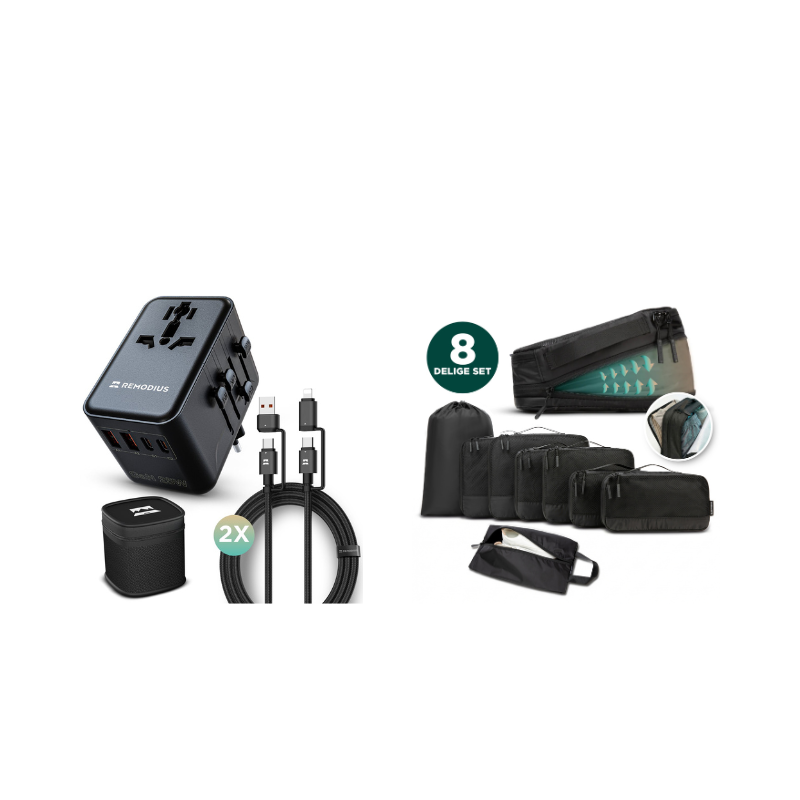 Frequent Traveler Bundle: wereldstekker, 2 oplaadkabels en packing cubes