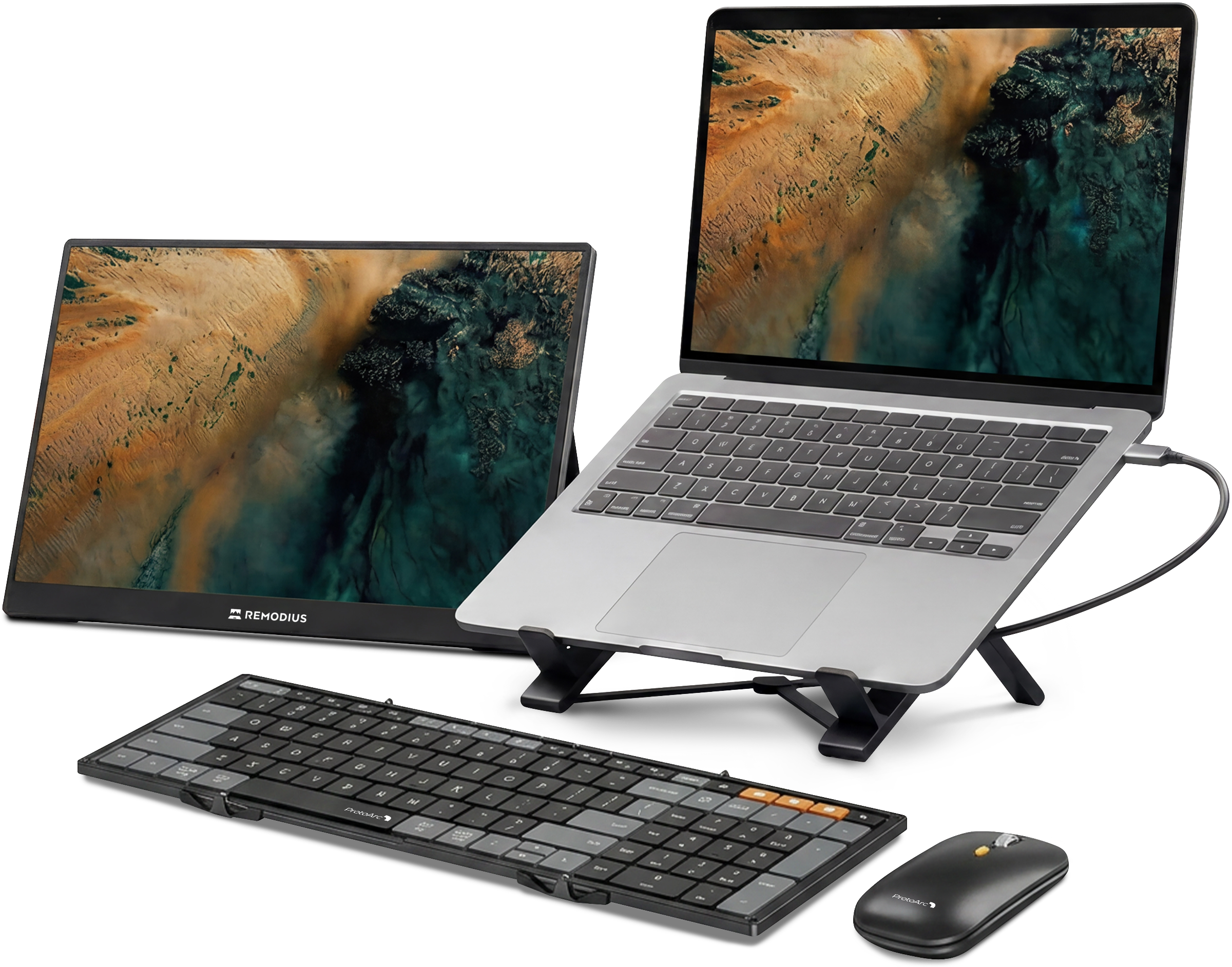 Remodius bundel — portable monitor, laptopstandaard, opvouwbaar toetsenbord en muis