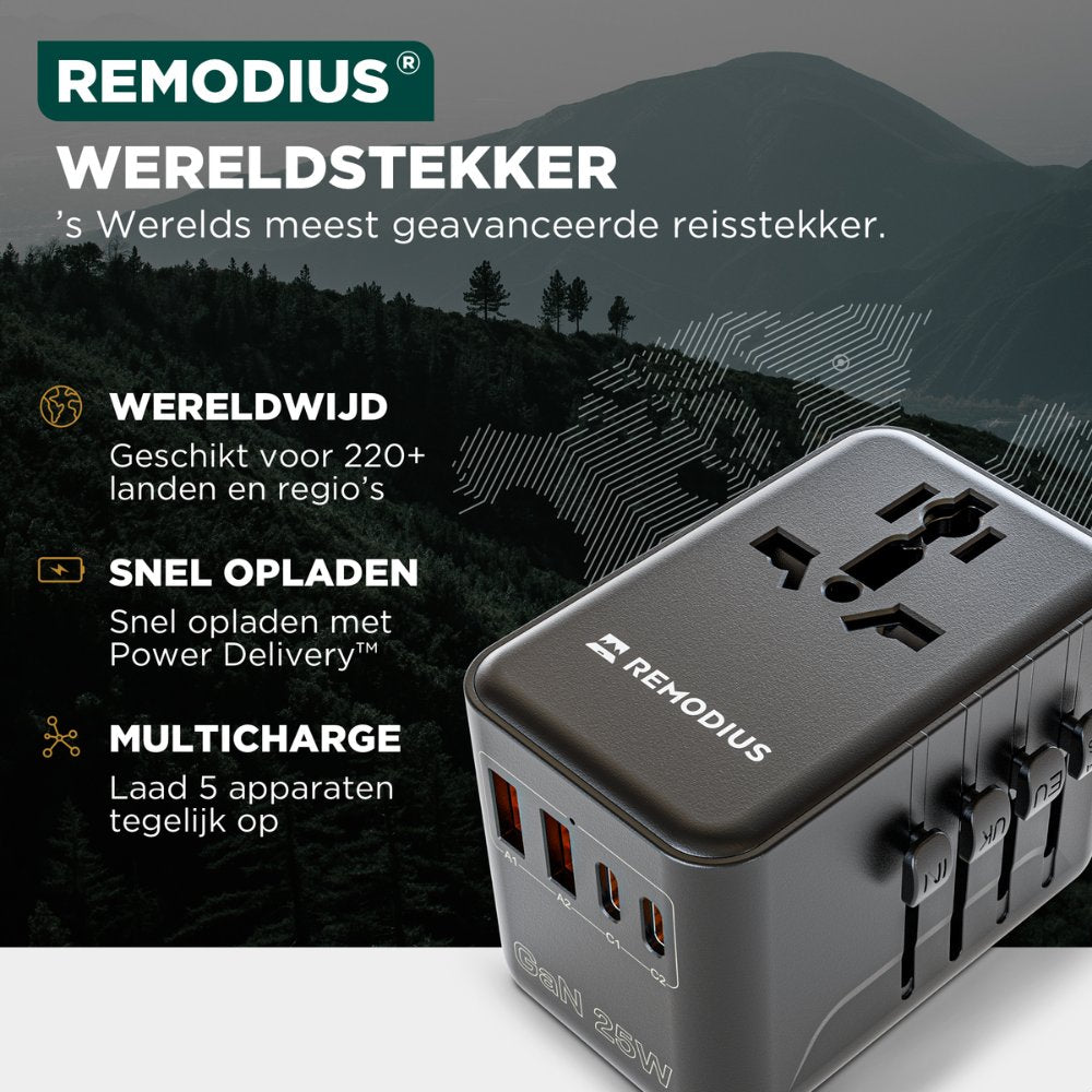 Remodius Wereldstekker voor 220+ landen, met opbergcase