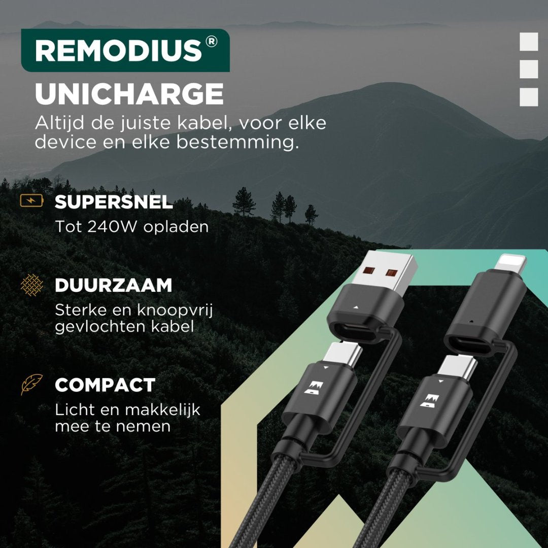 Remodius universele oplaadkabel met USB-C, Lightning en USB-A, tot 240W