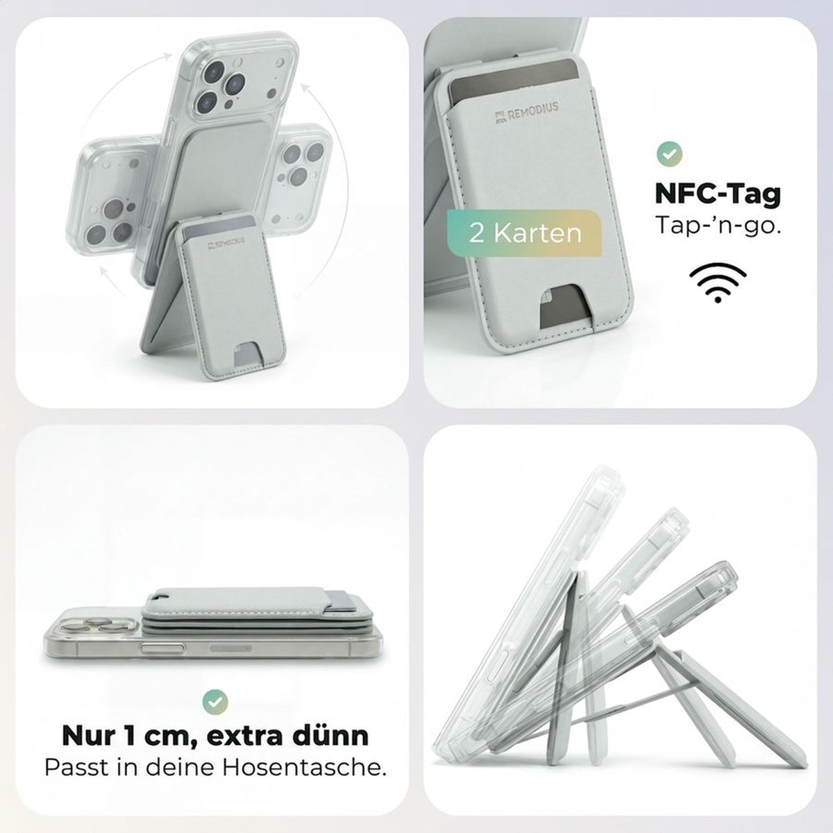 Remodius FoldStand Stone, details: 2 pasjes, NFC-tag, 1 cm dun #Kleur_Stone #lang_de