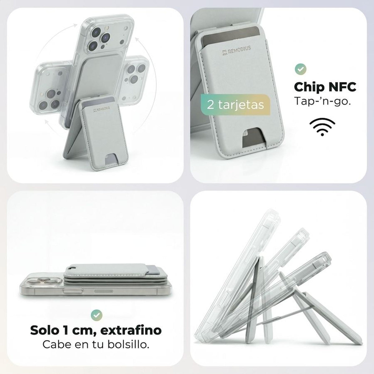 Remodius FoldStand Stone, details: 2 pasjes, NFC-tag, 1 cm dun #Kleur_Stone #lang_es