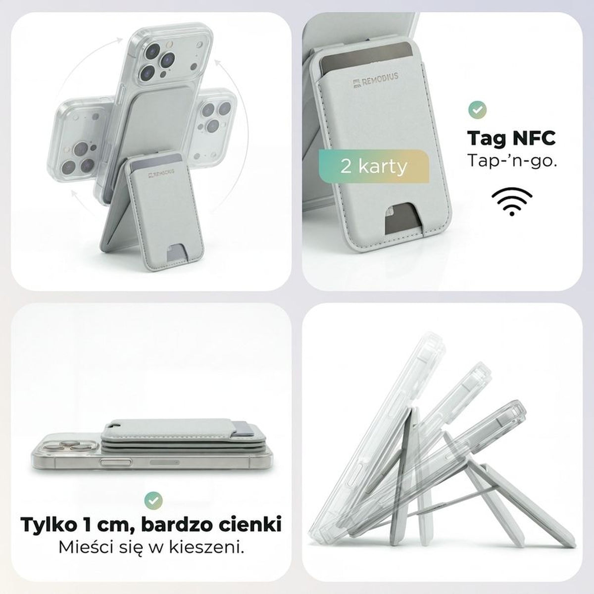 Remodius FoldStand Stone, details: 2 pasjes, NFC-tag, 1 cm dun #Kleur_Stone #lang_pl