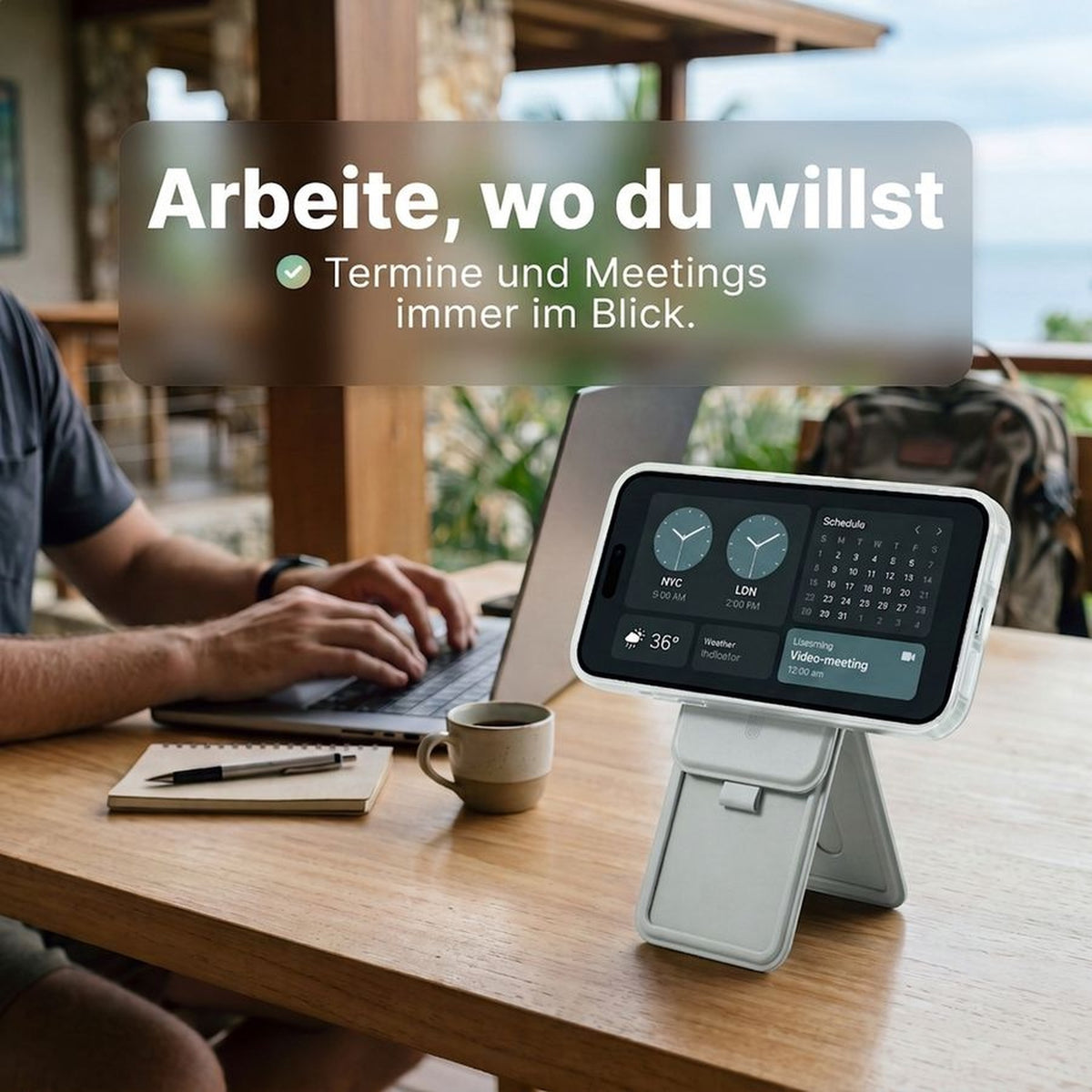 Remodius FoldStand Stone, werkplek met telefoon in StandBy-stand #Kleur_Stone #lang_de