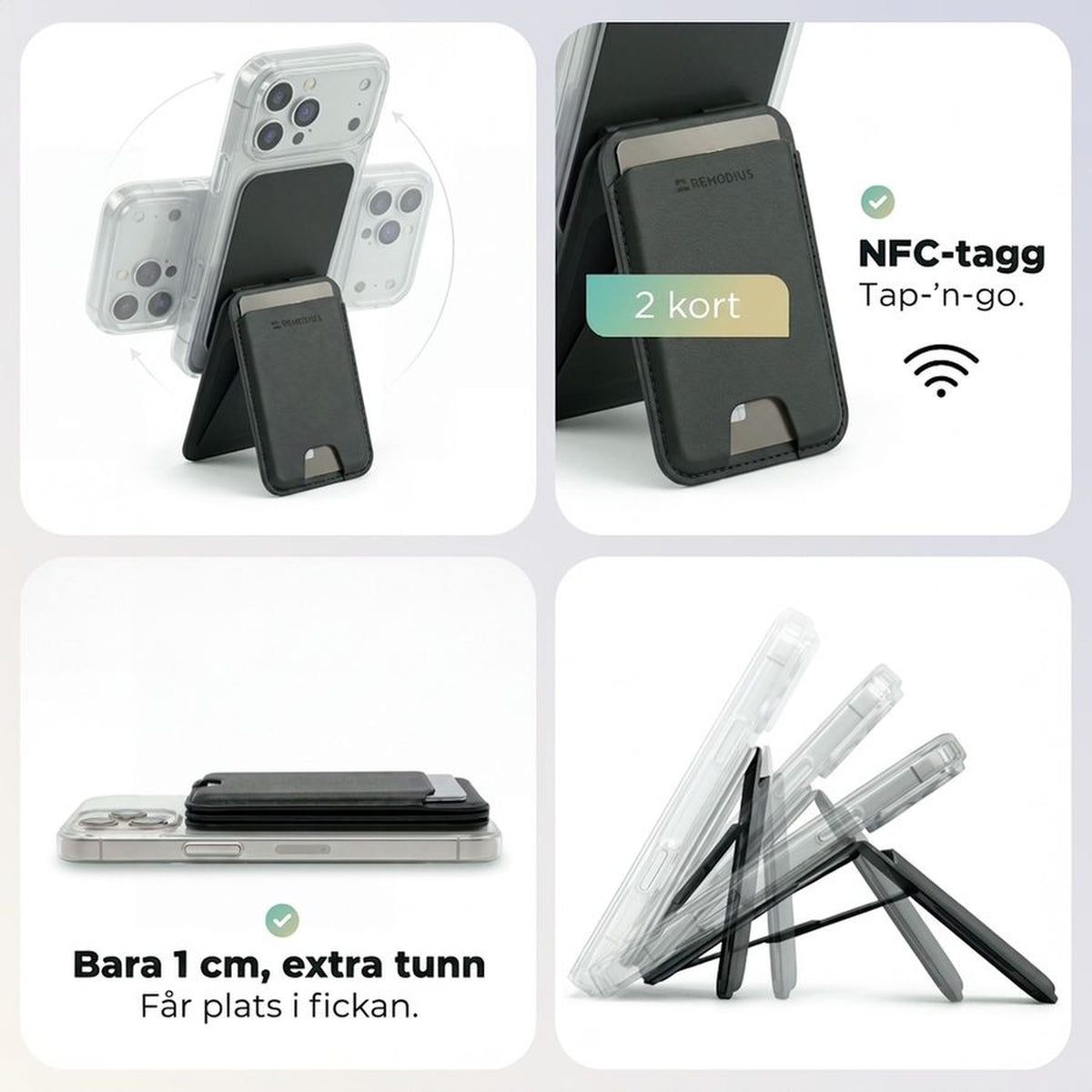 Remodius FoldStand Zwart, details: 2 pasjes, NFC-tag, 1 cm dun #Kleur_Zwart #lang_sv