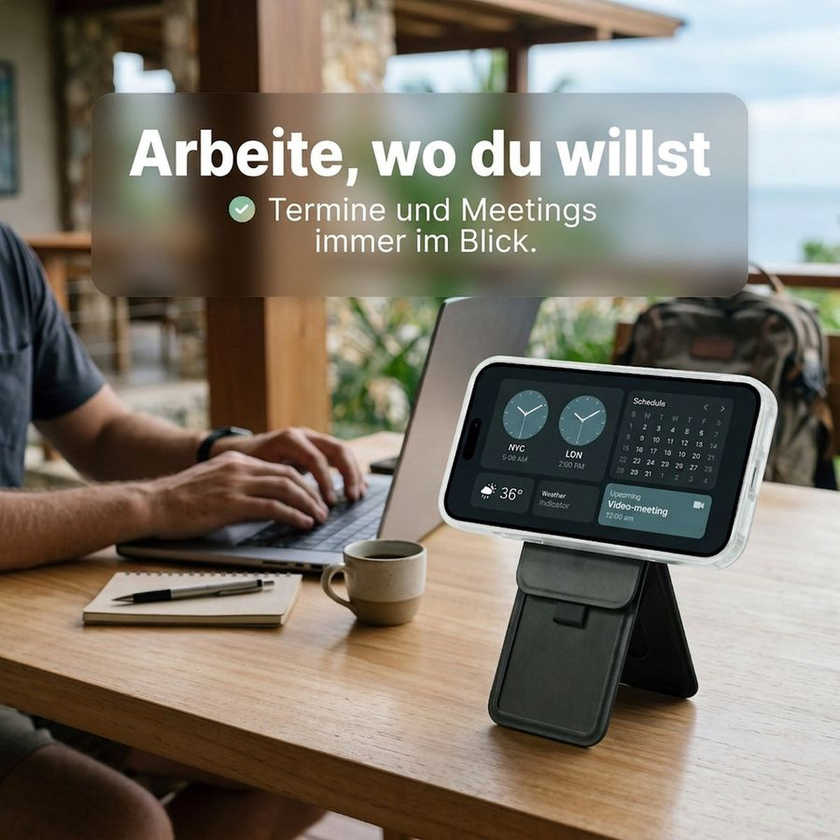 Remodius FoldStand Zwart, werkplek met telefoon in StandBy-stand #Kleur_Zwart #lang_de