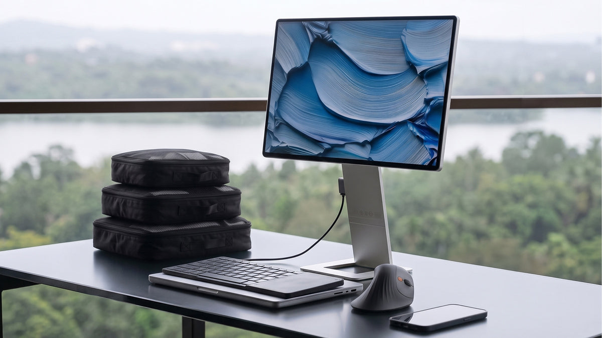 Arbetsplats för distansarbete med en Remodius portabel skärm, hopfällbart tangentbord, ergonomisk mus och packing cubes