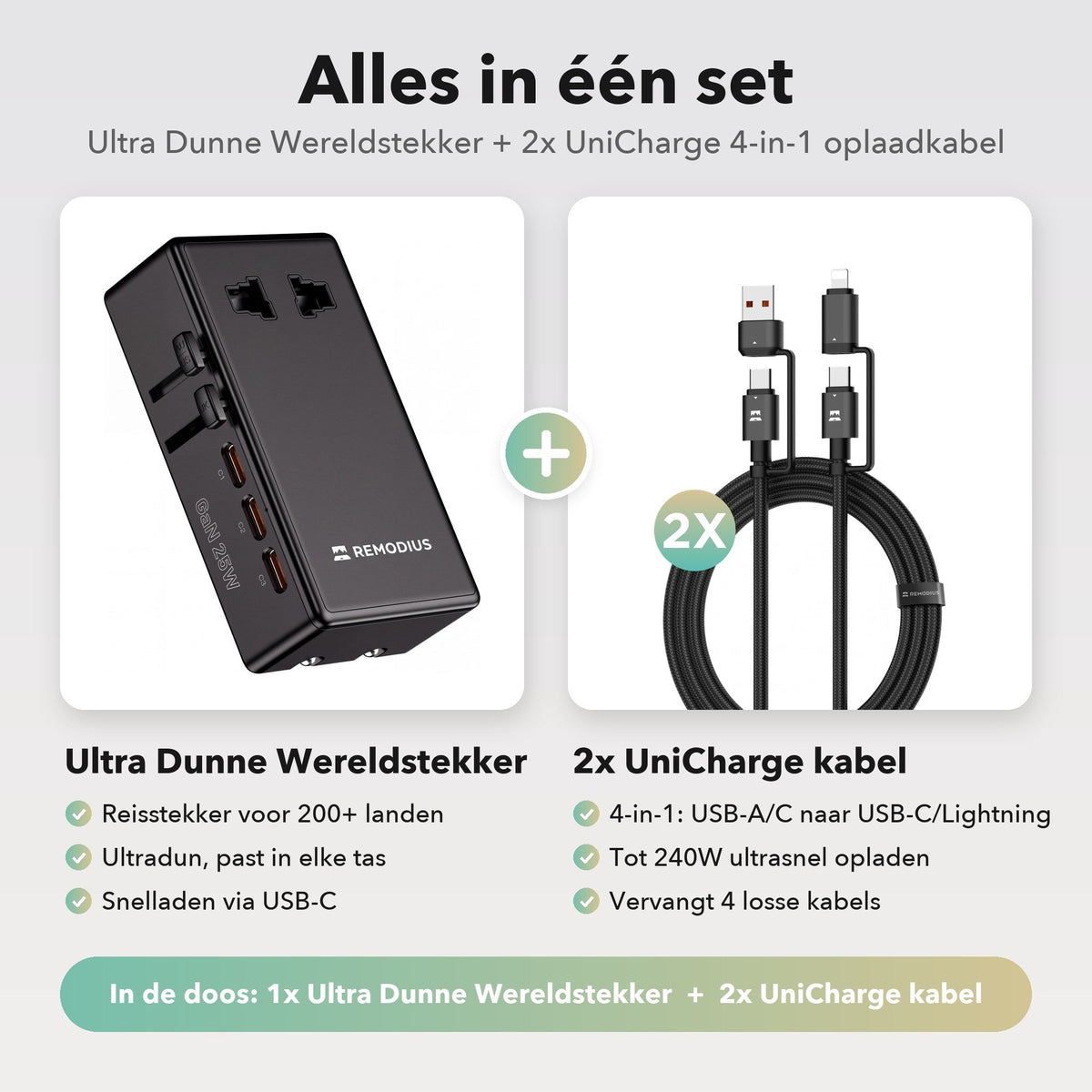 Ultra Dunne Wereldstekker incl. 2x UniCharge 2