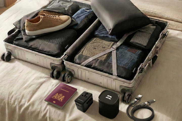 Koffer met packing cubes, wereldstekker en kabels