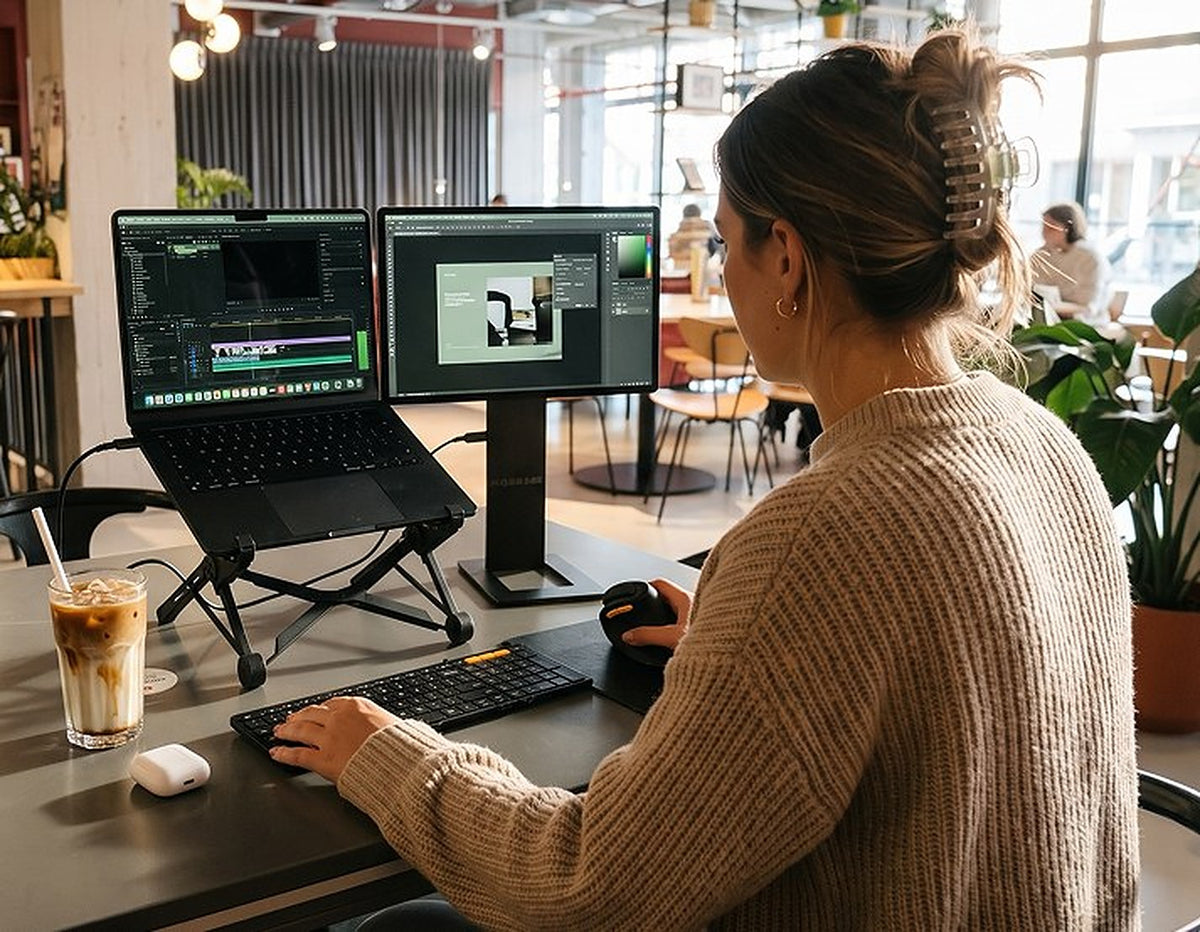 Vrouw werkt in een coworking aan een laptop met een SOTSU portable monitor en opvouwbaar toetsenbord