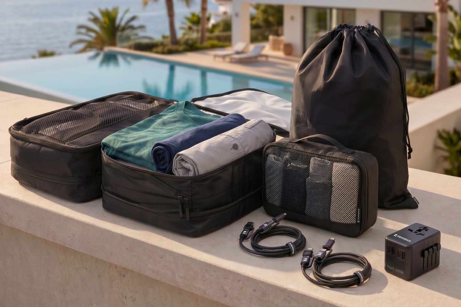 De Flying Blue Frequent Traveler Bundle van Remodius: packing cubes, opbergzak, twee laadkabels en de wereldreisadapter, klaar voor vertrek.