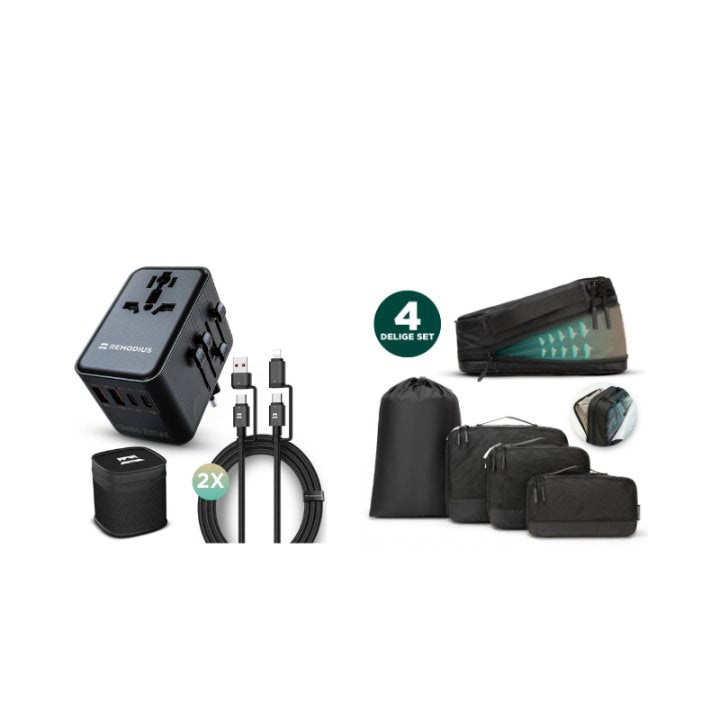 De complete Remodius reisset: wereldstekker, twee kabels en vier packing cubes