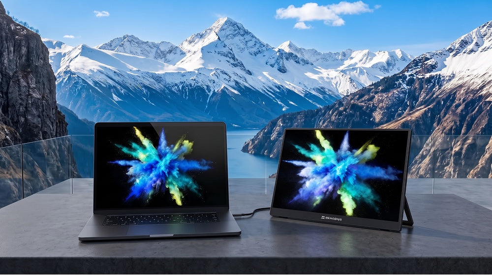 Remodius portable monitor naast een laptop, met bergen op de achtergrond